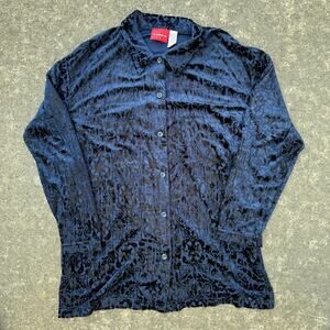 Vintage Liz Claiborne Velvet Burnout Button Up Shirt Black Blue L Floral Y2K